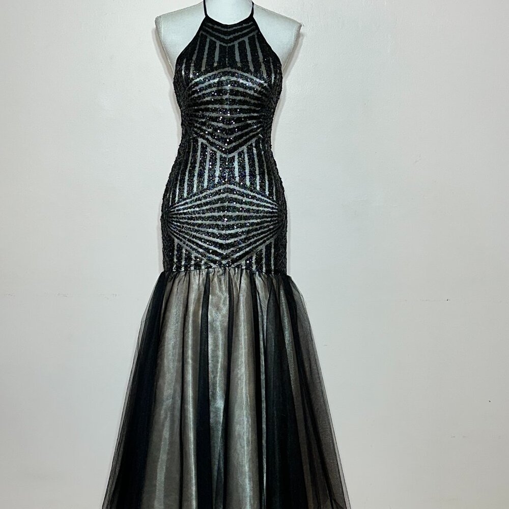 Deb Black Sequin Mermaid Gown with Halter Top Size 1/2